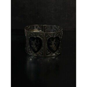 Vintage Siam Sterling Silver Dancing Goddess Niello Heart Panel Bracelet 58.3g